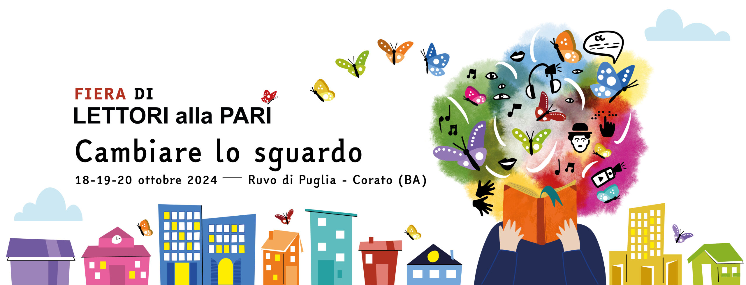 Banner di Lettori alla Pari. A sinistra in alto la scritta "Fiera di Lettori alla Pari. Cambiare lo sguardo. 18-19-20 ottobre 2024 a Ruvo di Puglia e Corato in provincia di Bari). In basso ci sono dei disegni di casette colorate. A destra, in grande, l'omino simbolo di Lettori alla Pari